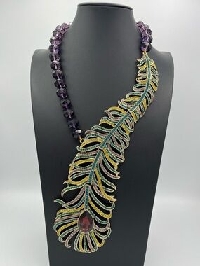 Heidi Daus Pretty As A Peacock Amethyst Crystal Feather Statement Necklace NWOT